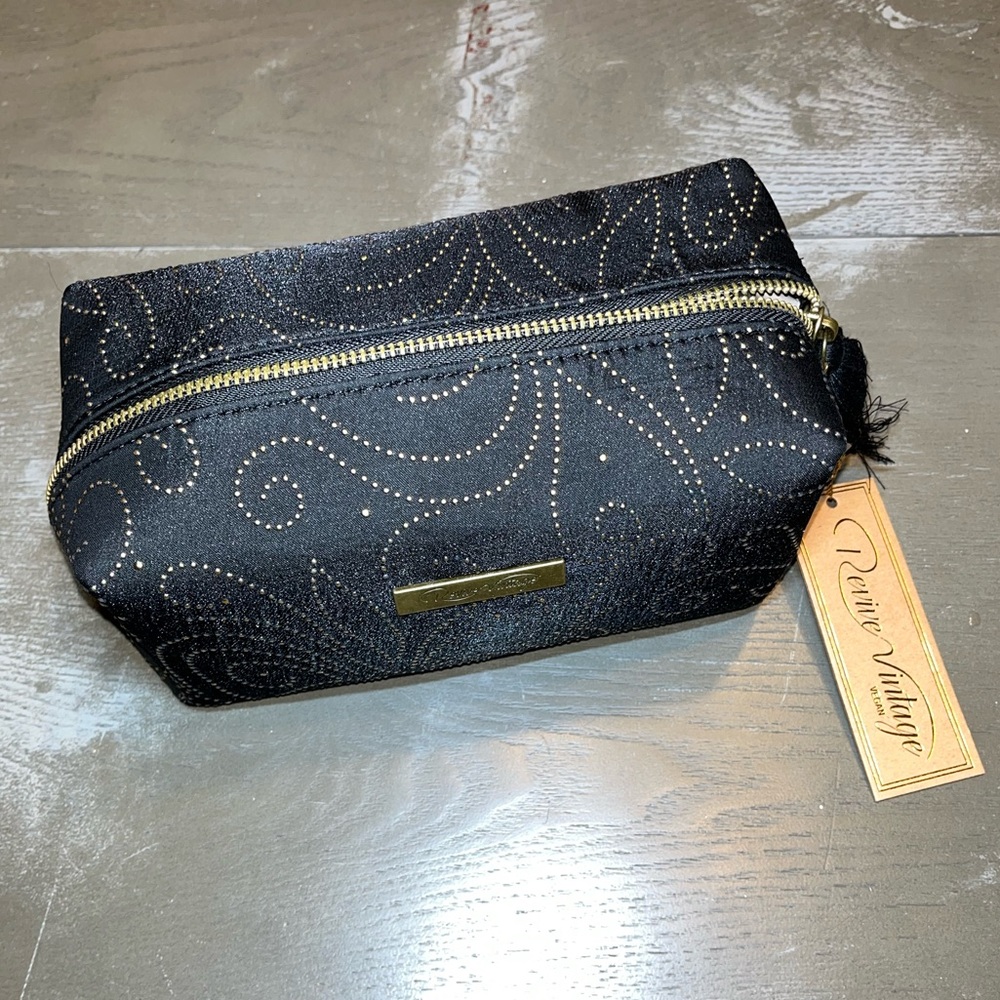 Revive Vintage Black Makeup Bag Gold Beading NWT Cosmetic Travel